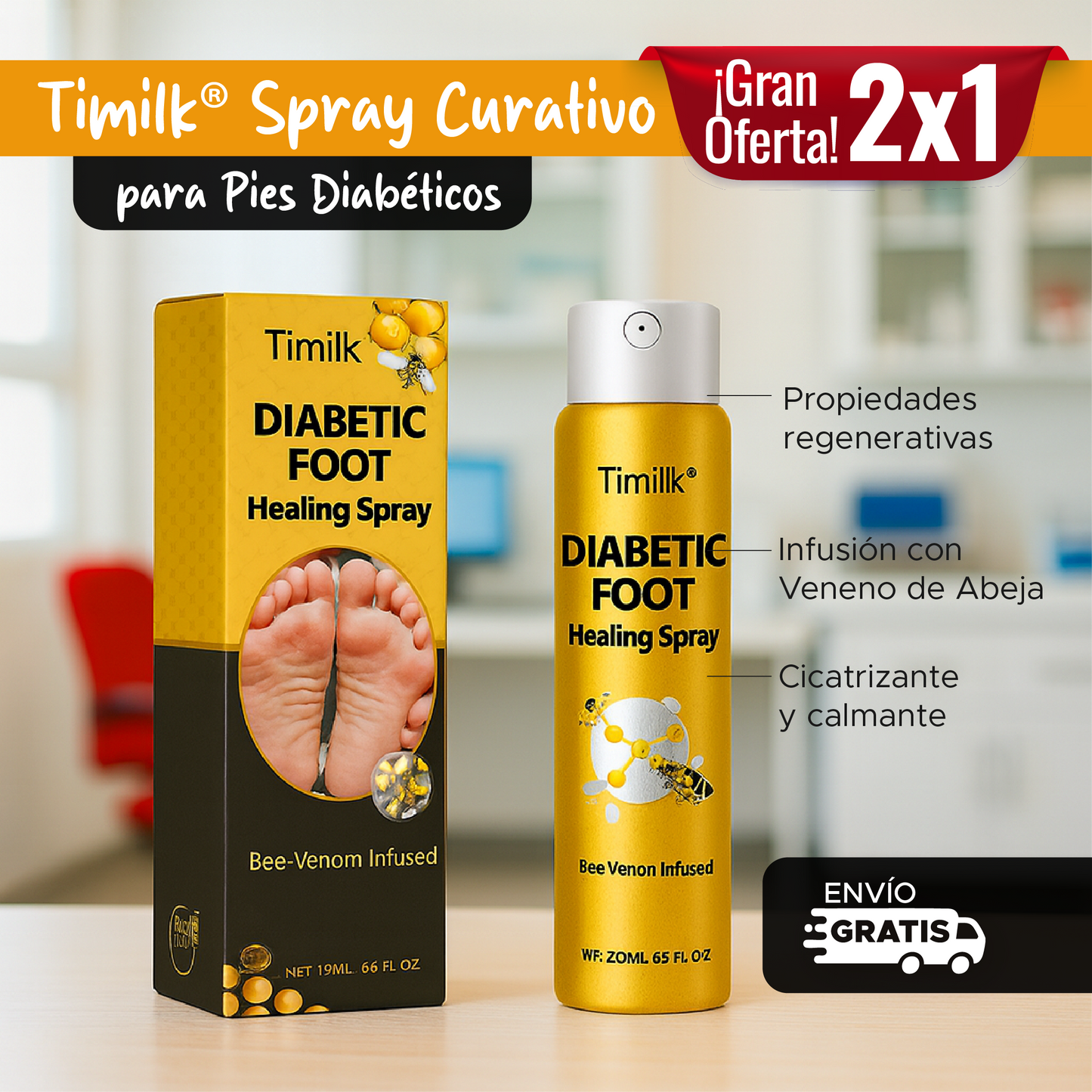 🦶✨ TIMILK® 2x1 SPRAY CURATIVO PARA PIES DIABÉTICOS A BASE DE VENENO DE ABEJAS 🐝