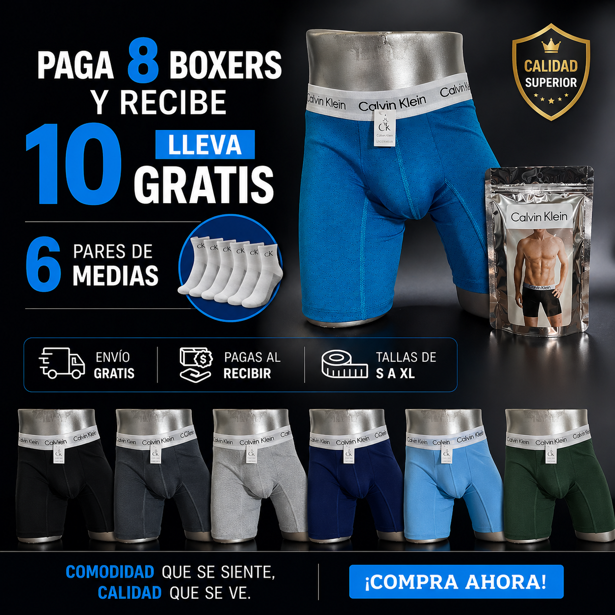 🩲🔥Mega Pack PAGA 8 Y LLEVA 10 Boxers + 6 Medias 🚀 🛒