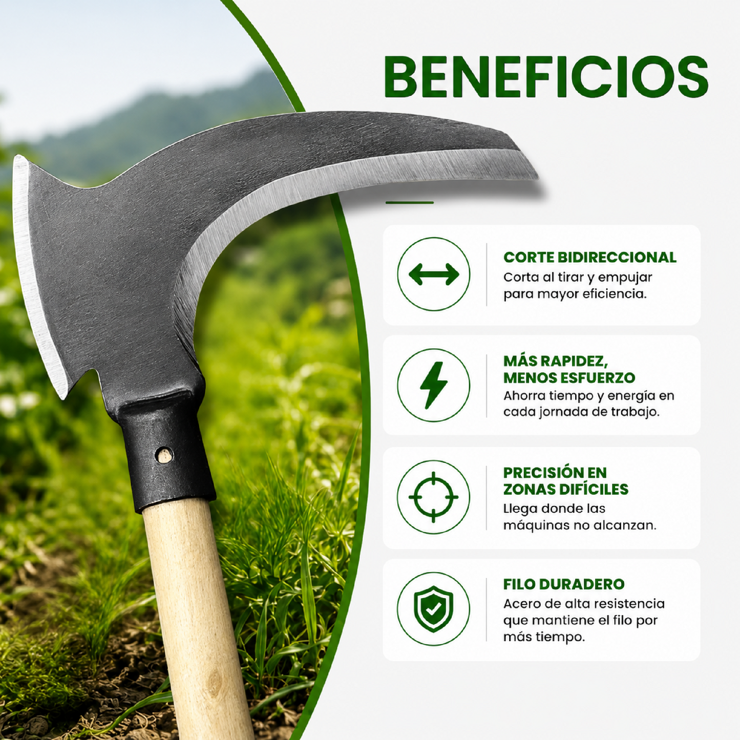 🌿⚒️ Hacha Hoz Doble Función – Potencia, Precisión y Resistencia en una sola herramienta ⚒️🌿