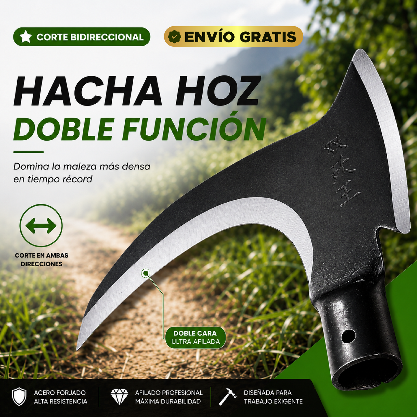 🌿⚒️ Hacha Hoz Doble Función – Potencia, Precisión y Resistencia en una sola herramienta ⚒️🌿