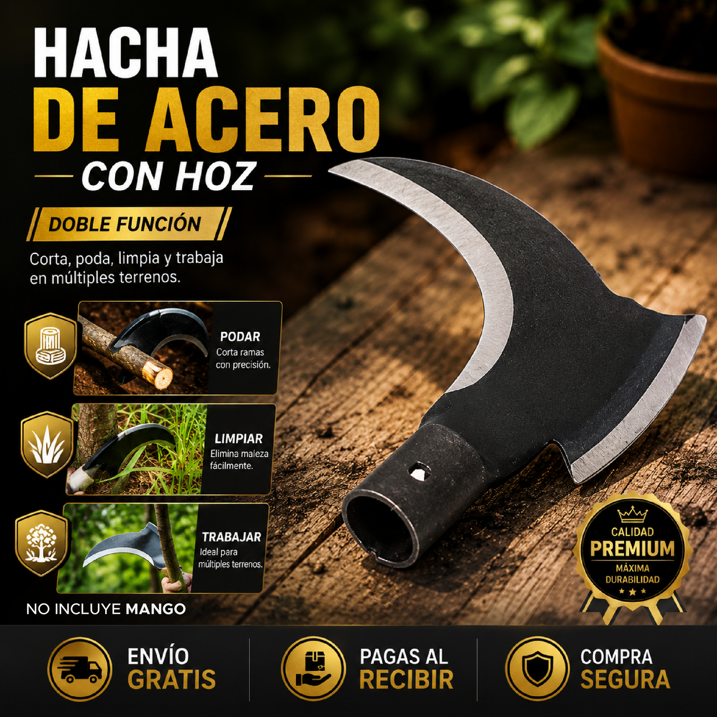 🌿⚒️ Hacha Hoz Doble Función – Potencia, Precisión y Resistencia en una sola herramienta ⚒️🌿