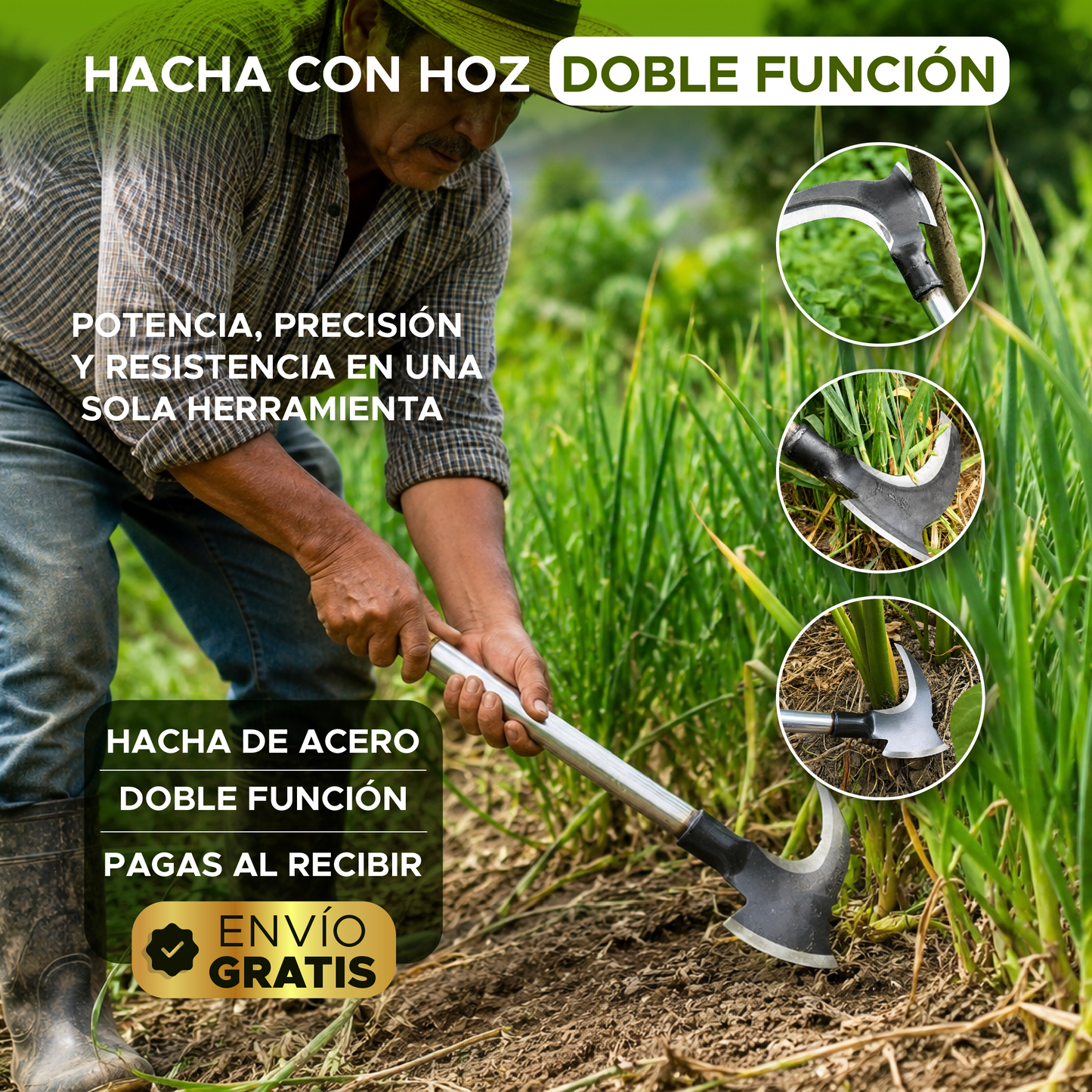 🌿⚒️ Hacha Hoz Doble Función – Potencia, Precisión y Resistencia en una sola herramienta ⚒️🌿
