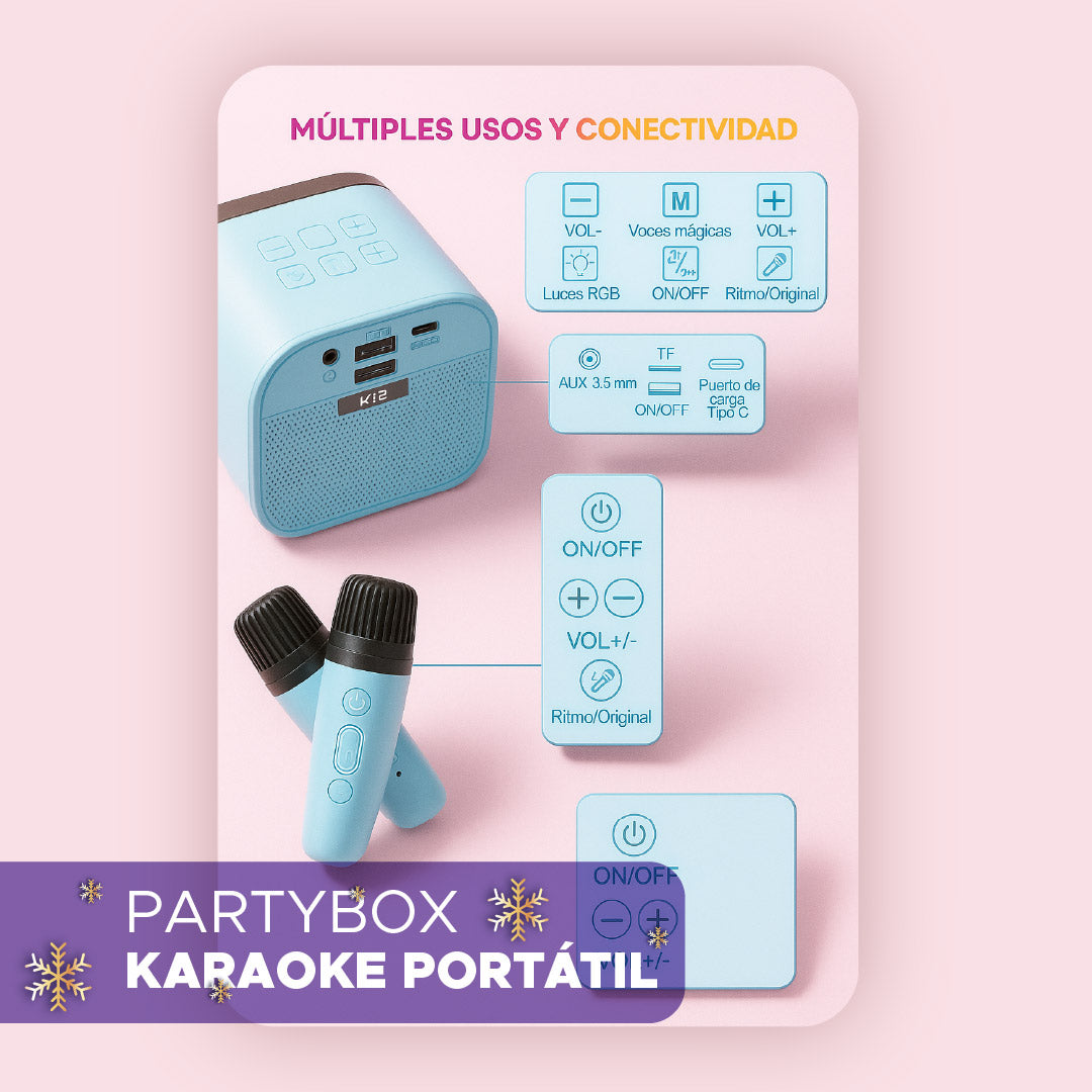 🎉🎶🎤 KARAOKE PARTYBOX, PARLANTE PORTÁTIL + 2 MICRÓFONOS 🎤✨