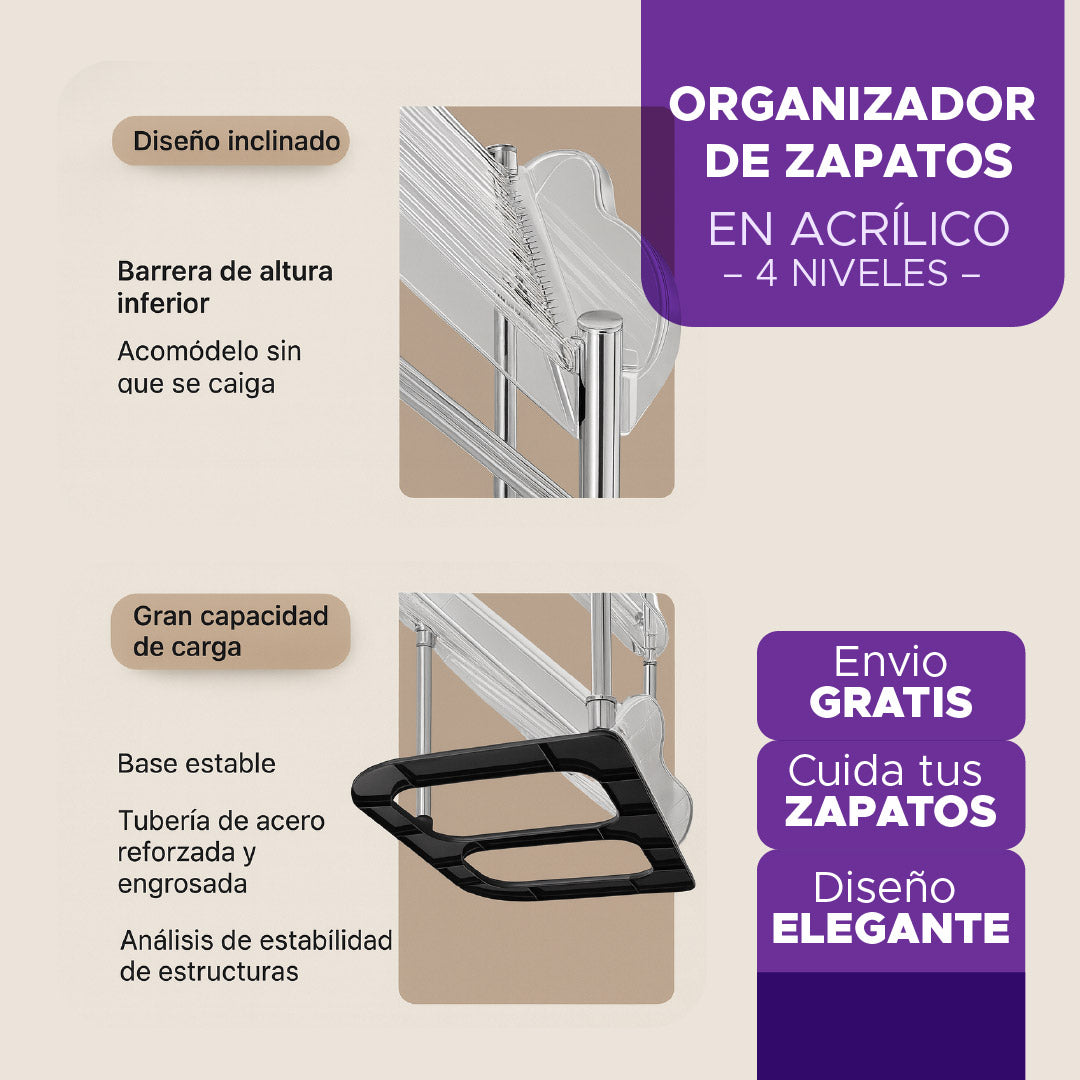 🥇 ORGANIZADOR DE ZAPATOS EN ACRÍLICO – 4 NIVELES 👟✨ Envío GRATIS 🚚💨