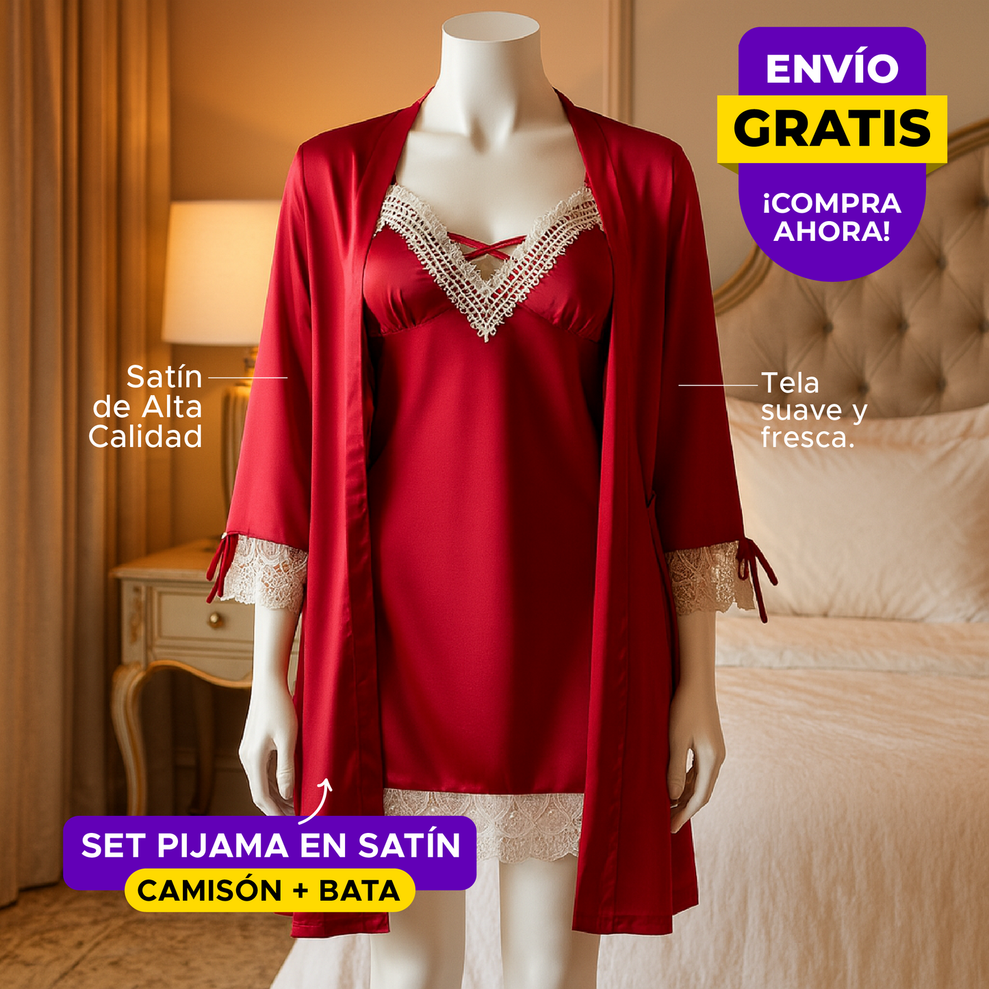 🌙🌸SET EN SATÍN ™ PIJAMA LEVANTADORA ULTRASUAVE🌙🌸