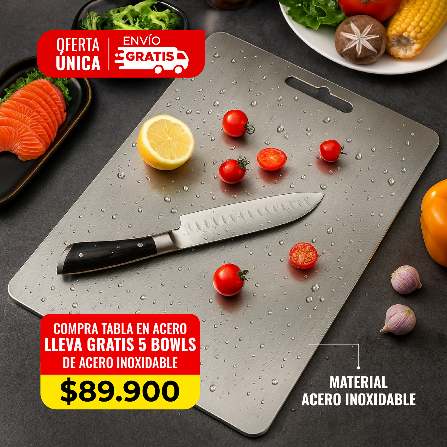 🔥COMBO STEELCHOP® TABLA EN ACERO ANTIBACTERIAL + 5 BOWLS  CON ALTA DURABILIDAD🔪