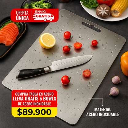 🔥COMBO STEELCHOP® TABLA EN ACERO ANTIBACTERIAL + 5 BOWLS  CON ALTA DURABILIDAD🔪