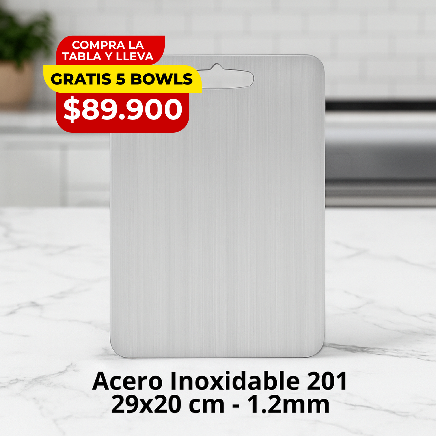 🔥COMBO STEELCHOP® TABLA EN ACERO ANTIBACTERIAL + 5 BOWLS  CON ALTA DURABILIDAD🔪