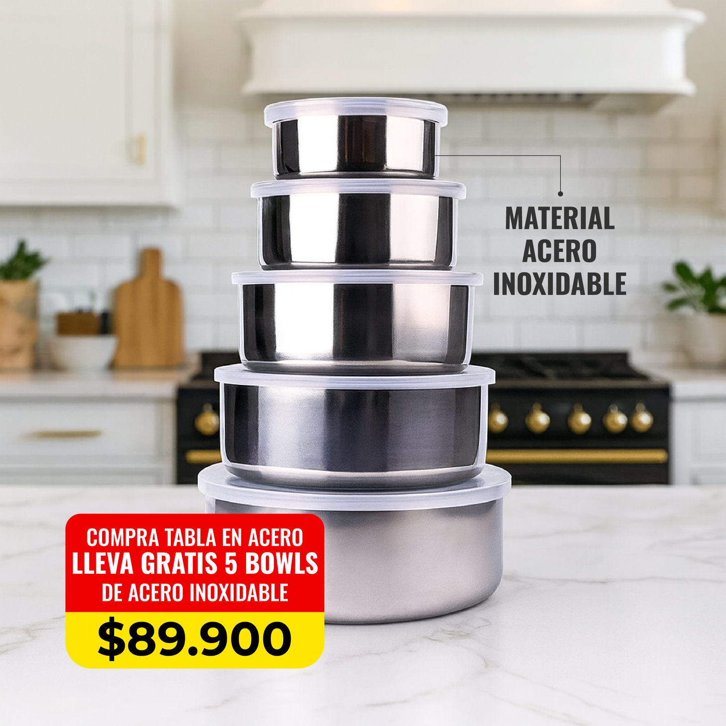 🔥COMBO STEELCHOP® TABLA EN ACERO ANTIBACTERIAL + 5 BOWLS  CON ALTA DURABILIDAD🔪