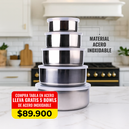 🔥COMBO STEELCHOP® TABLA EN ACERO ANTIBACTERIAL + 5 BOWLS  CON ALTA DURABILIDAD🔪