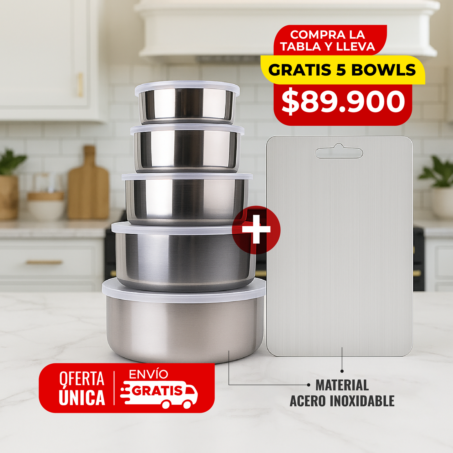 🔥COMBO STEELCHOP® TABLA EN ACERO ANTIBACTERIAL + 5 BOWLS  CON ALTA DURABILIDAD🔪